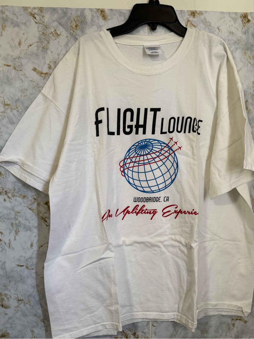 Flight Lounge Graphic Tee in White with Red & Blue Print